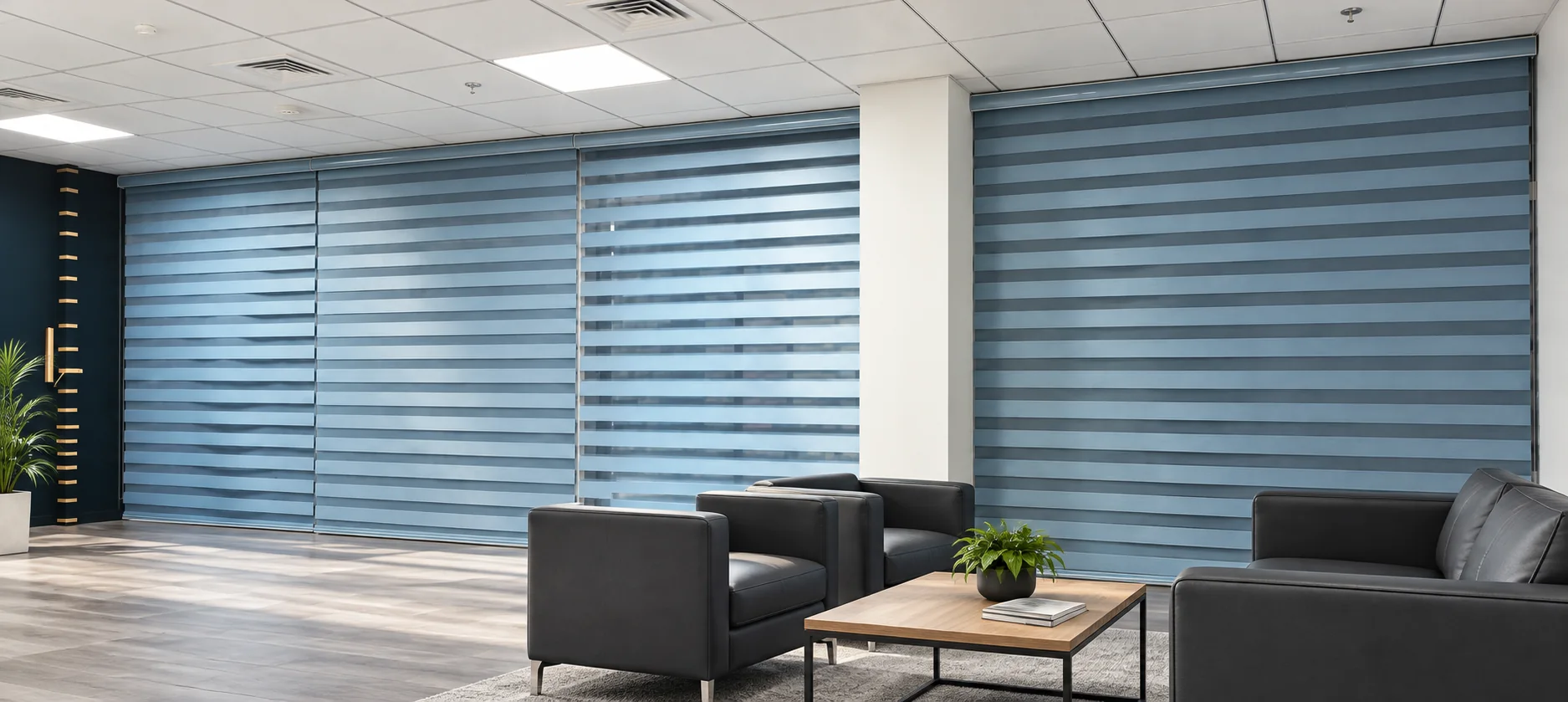 Day-and-night blinds along an office's windows