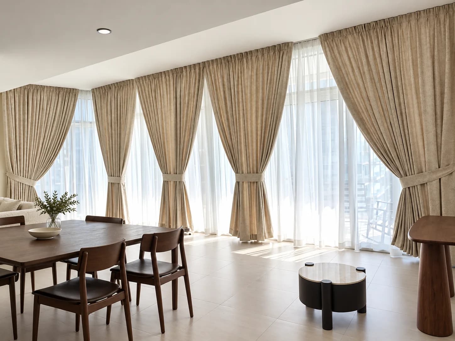 Tied-back drapes and sheers along a wall of windows