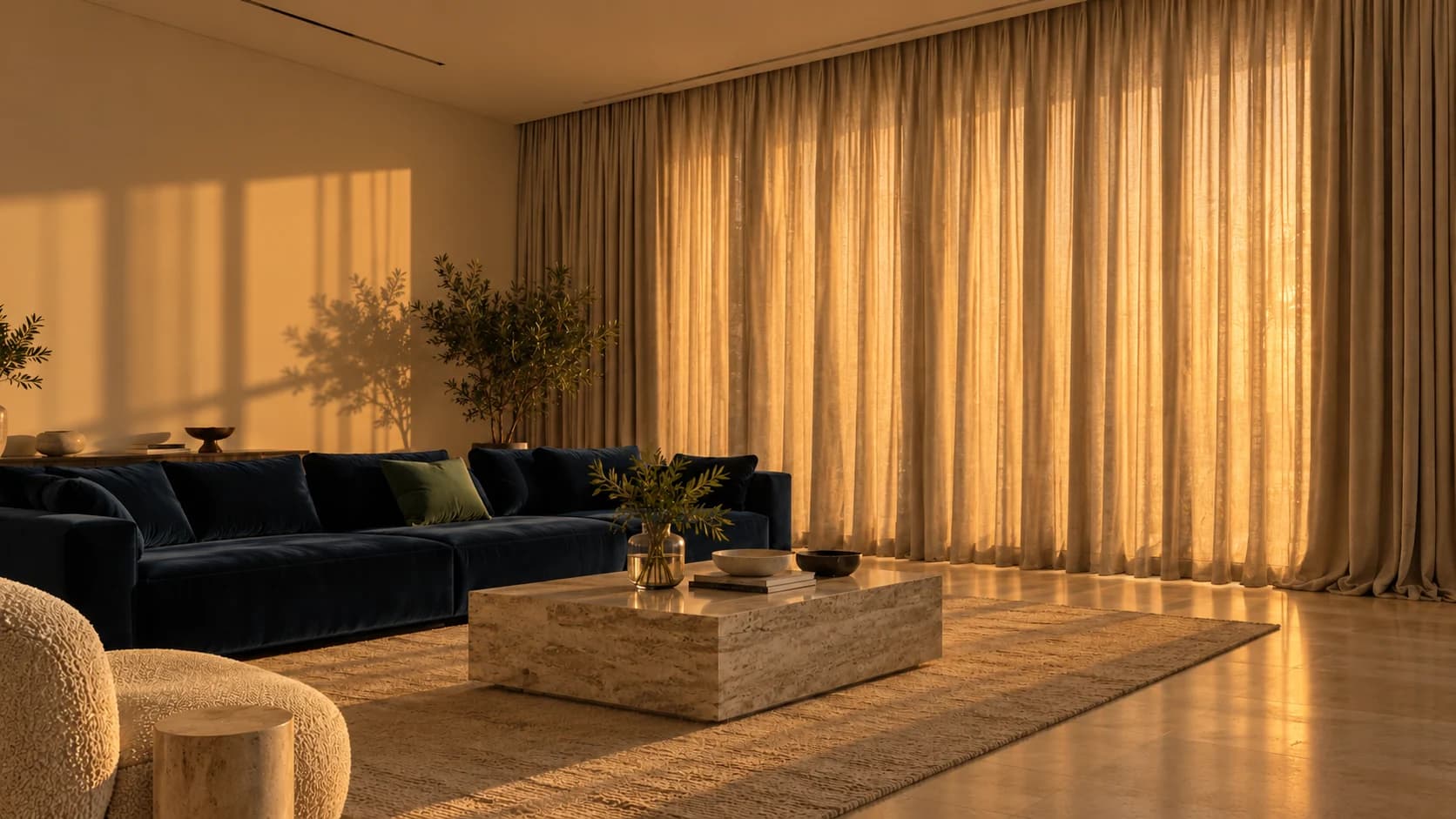 Full-height drapes drawn across a villa living room against the afternoon sun
