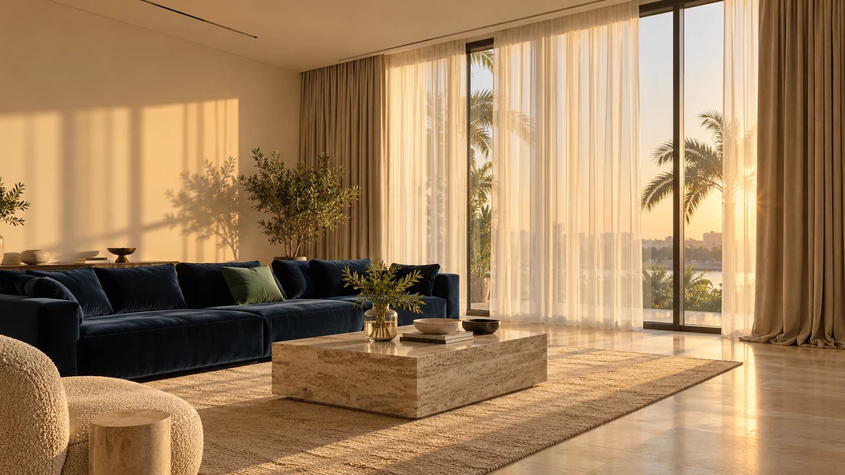 A sunlit living room with a woven rug under a travertine coffee table