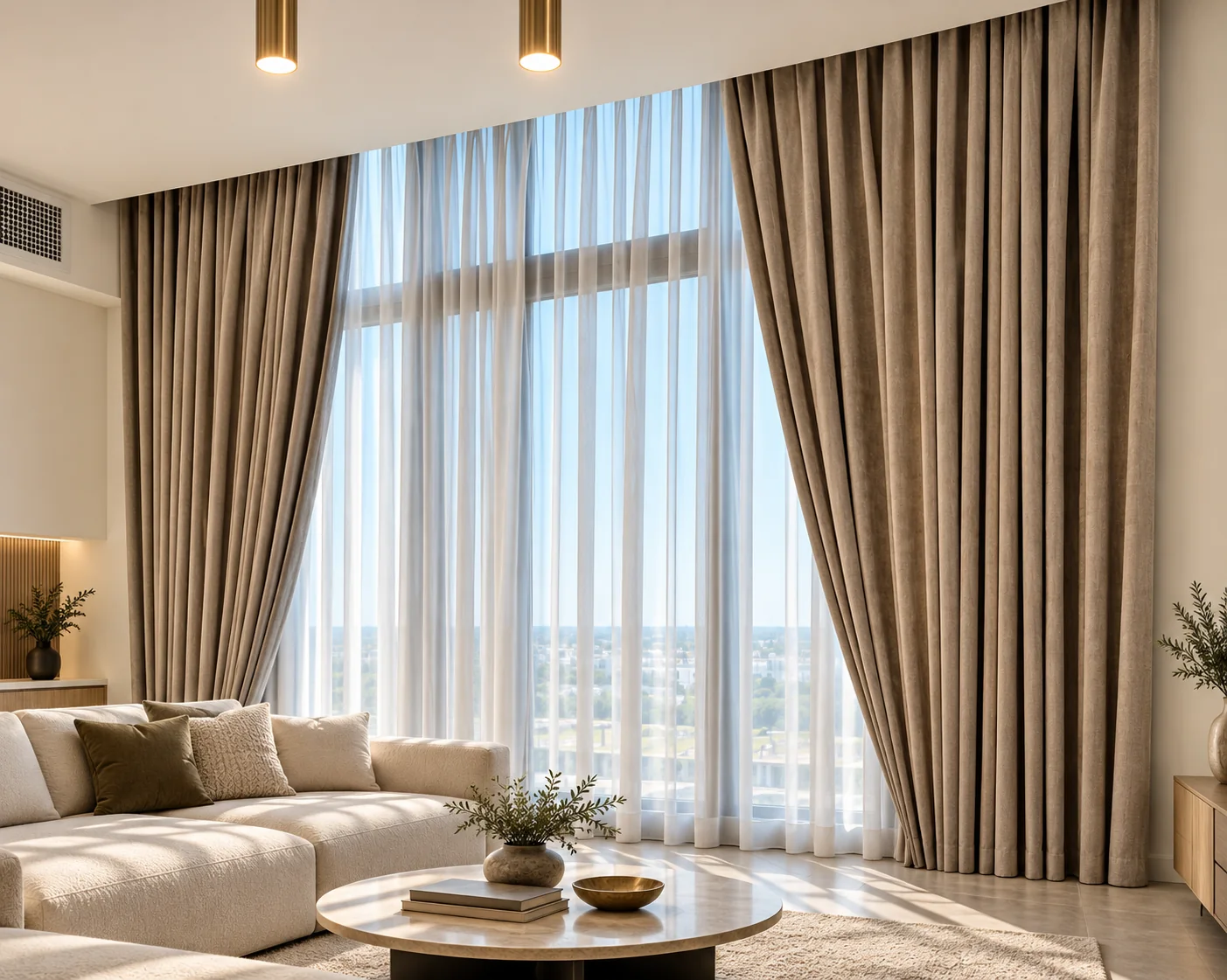 Blackout drapes over sheers in a living room