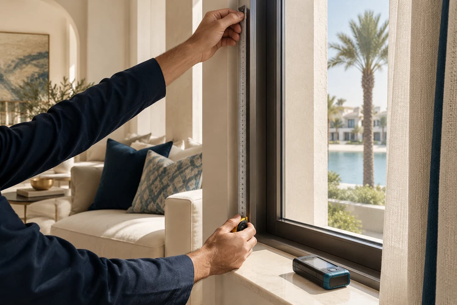 A consultant measuring the recess of a window with a tape measure