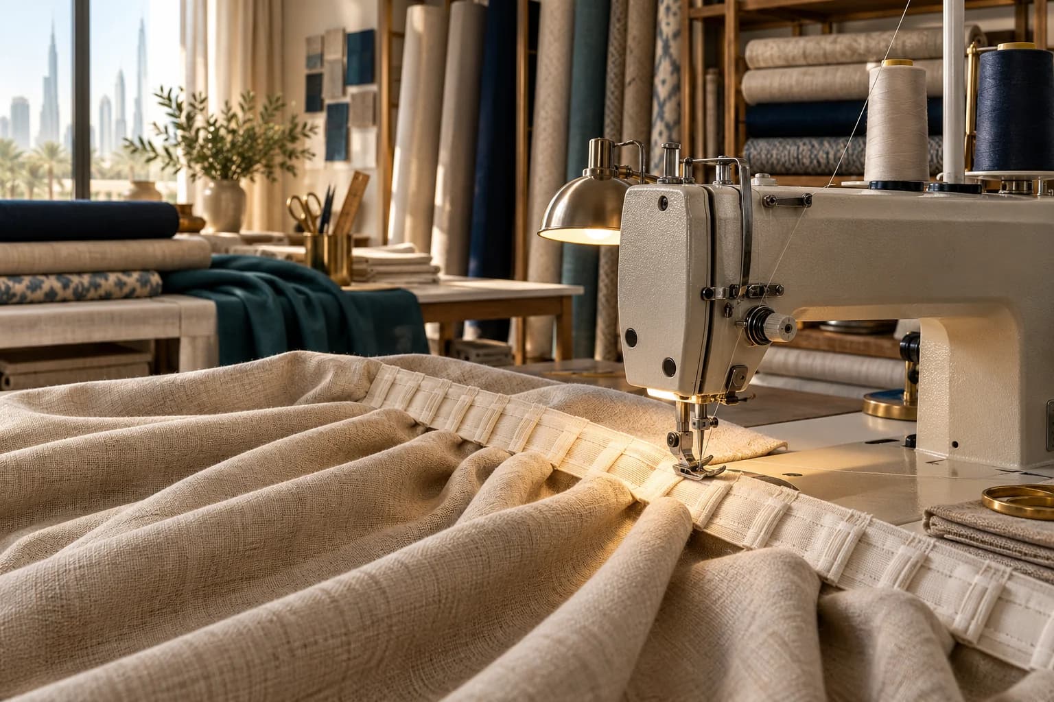A workroom with a sewing machine finishing the pleated heading of a linen curtain