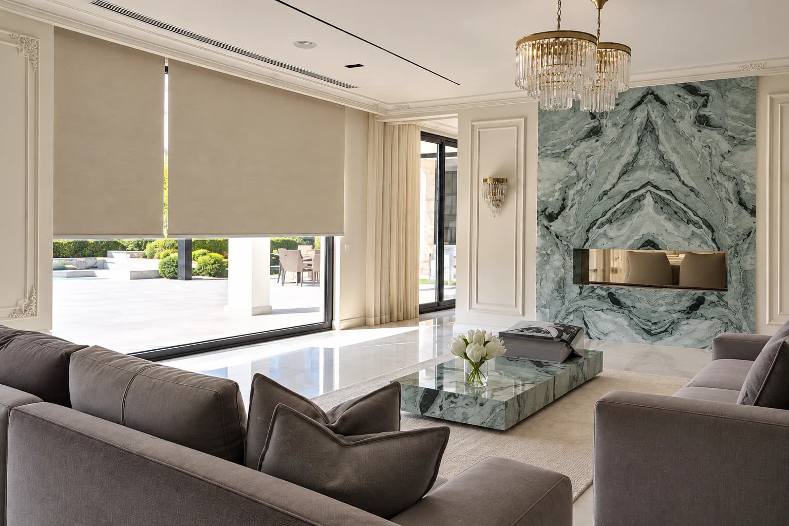 Roller blinds across a villa's living room windows