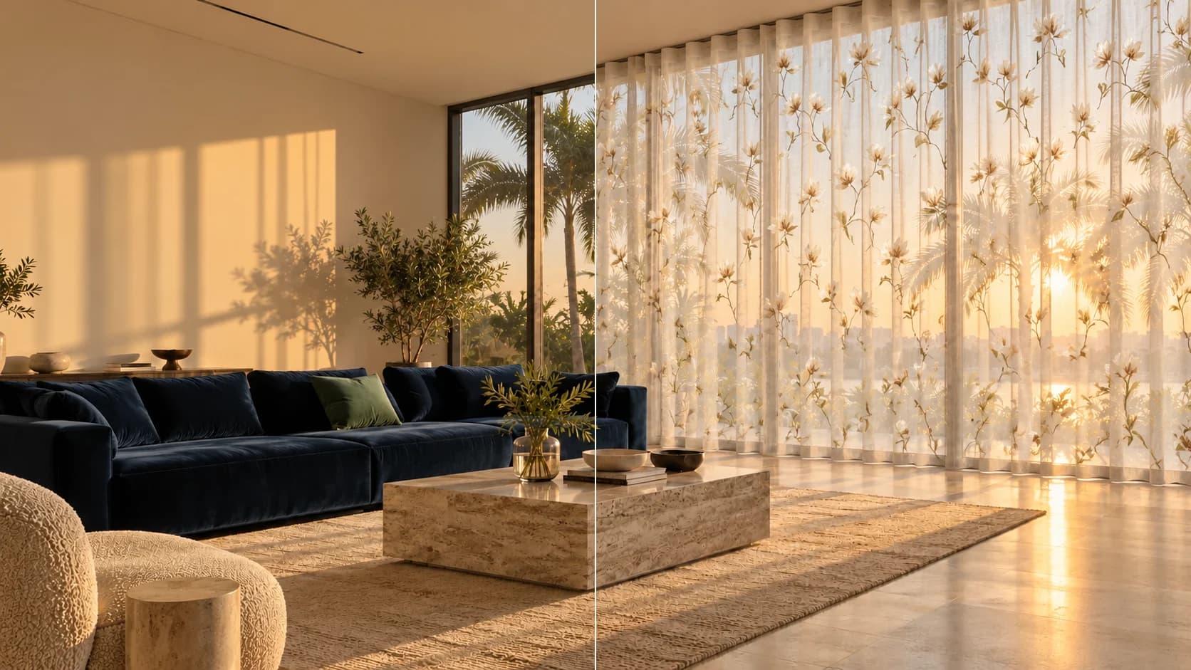 A living room before and after, with new curtains from the visualiser