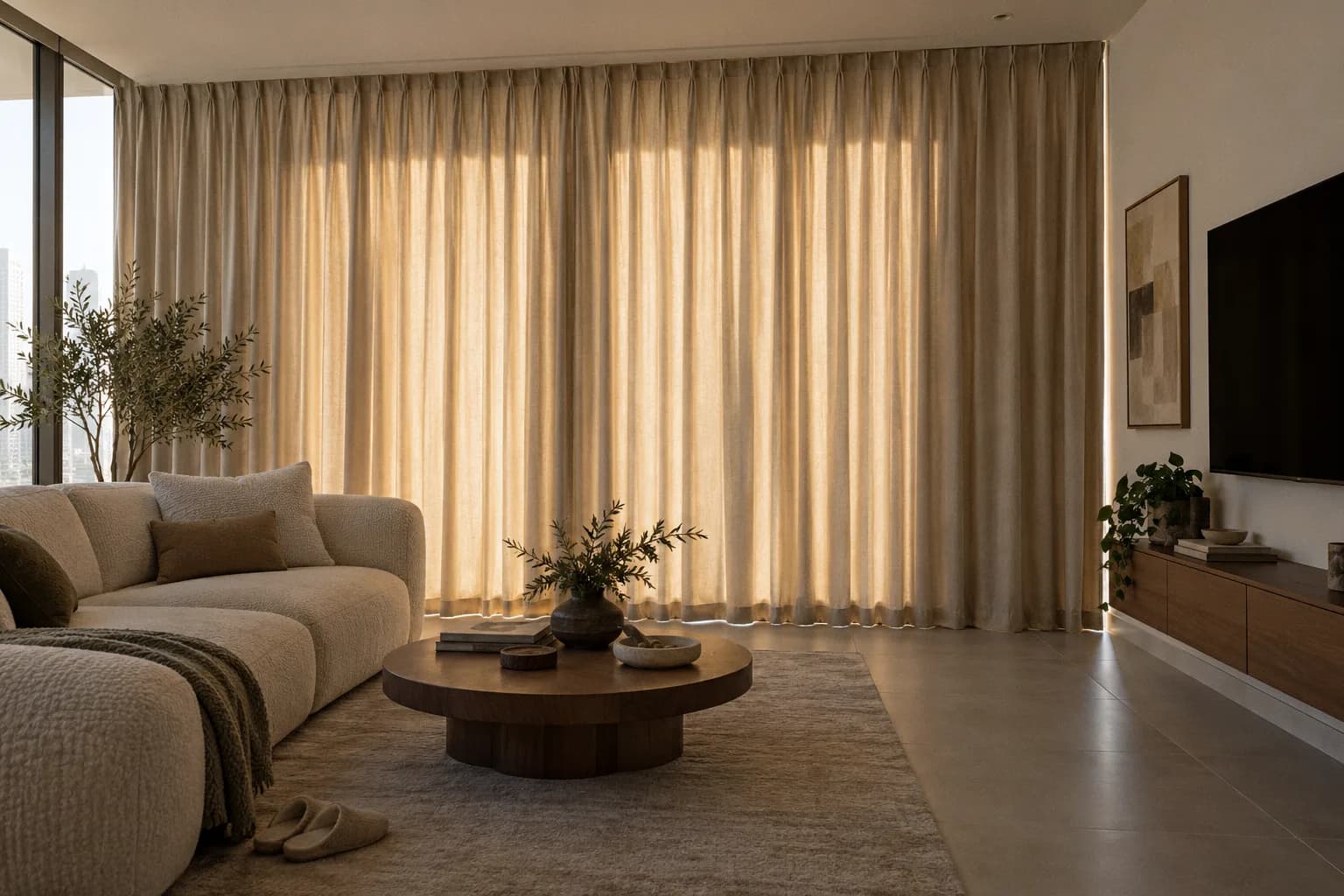 A west-facing living room at 4 pm with sand-coloured dim-out curtains drawn: the room is dim but readable