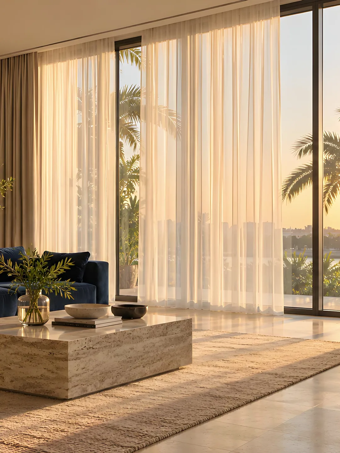 A sunlit villa living room with layered sheer and linen curtains and a navy velvet sofa