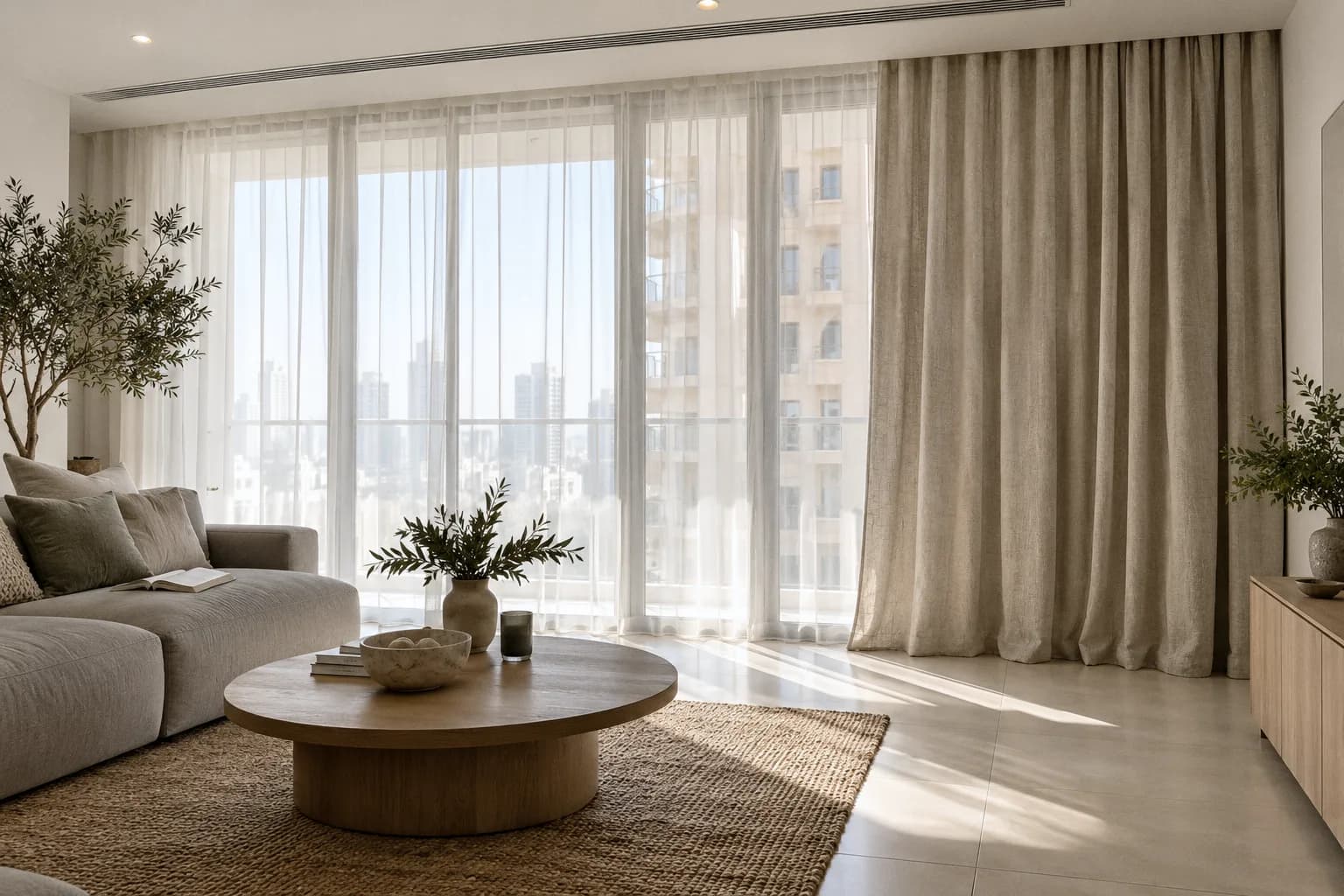 A Dubai tower living room with stone-beige wave curtains and an off-white sheer on tracks recessed in the ceiling, in front of floor-to-ceiling glass
