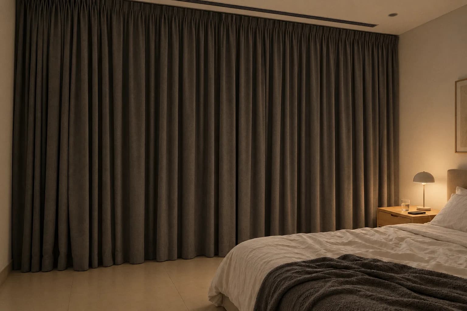The same bedroom at night, with the charcoal blackout curtains drawn closed