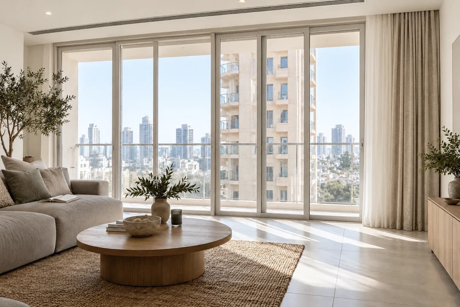 The same living room with both layers drawn open and stacked narrowly at the end of the glass