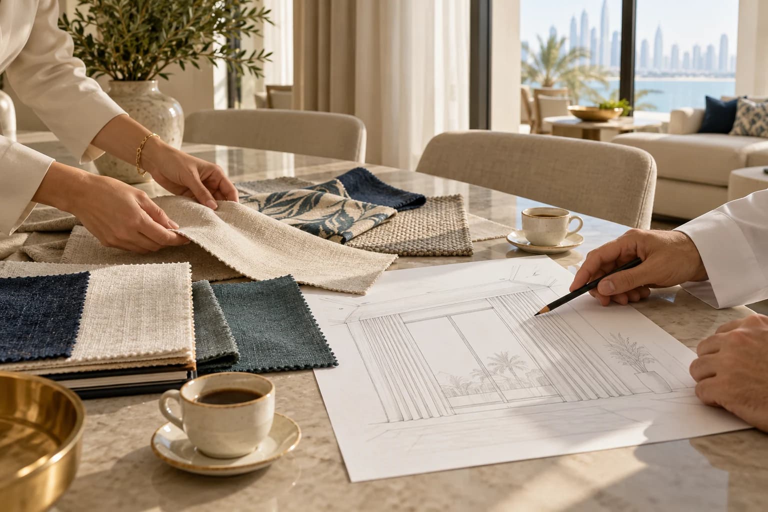 Hands laying fabric swatches beside a window sketch on a dining table