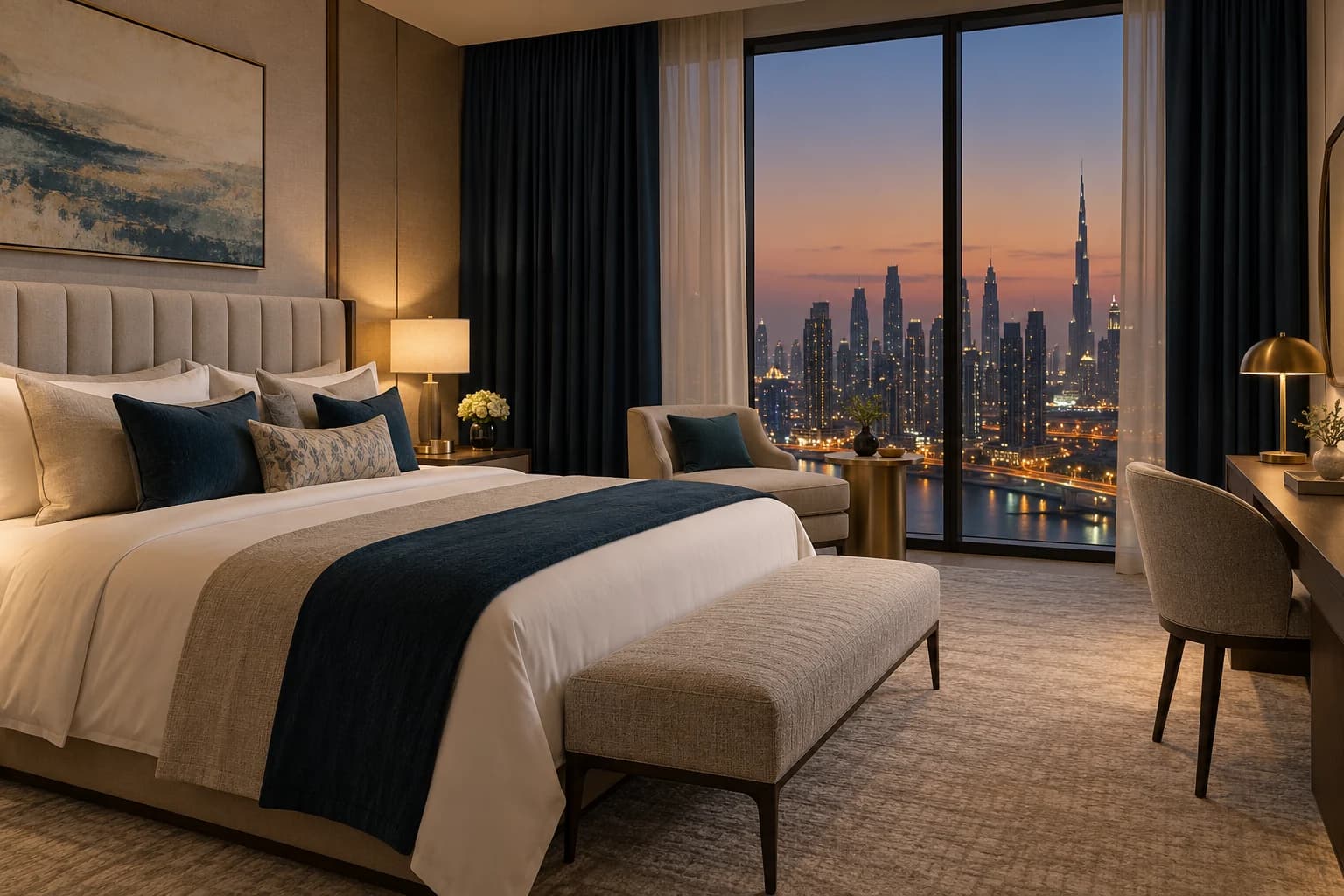 A hotel suite at dusk with navy blackout drapes over ivory sheers